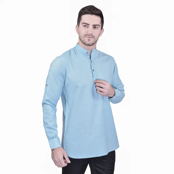 Men's_Light_Blue_Cotton_Kurta_With_Mandarin_Collar