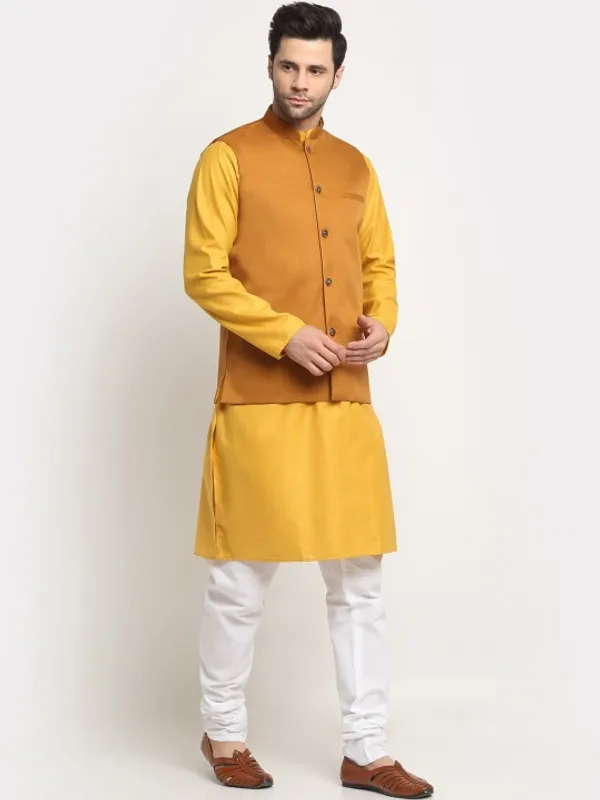 Men's_Mustard_Yellow_Kurta_With_Rust_Orange_Nehru_Jacket_And_White_Churidar_Set