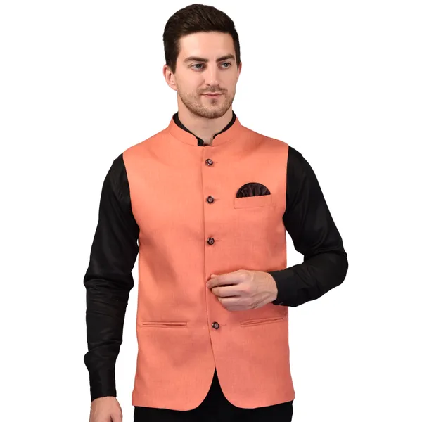 Peach_Nehru_Jacket_With_Black_Contrast_Collar_And_Pocket_Square