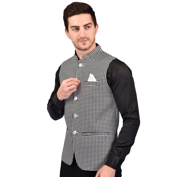 Men's_Black_And_White_Houndstooth_Nehru_Jacket_With_White_Pocket_Square
