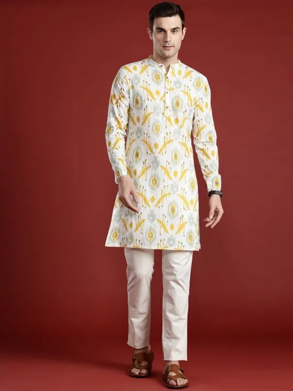 Men's_White_Ethnic_Kurta_With_Yellow_Floral_Ikat_Print