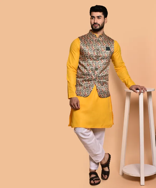 Yellow_Kurta_With_Floral_Printed_Nehru_Jacket_Set_For_Men