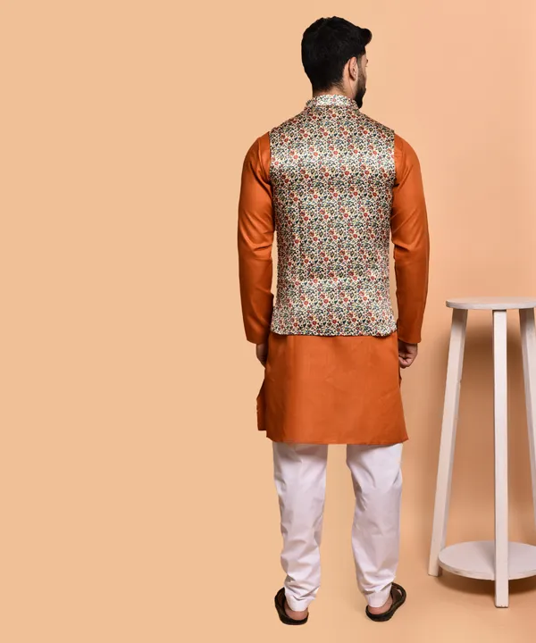 Orange_Kurta_With_Floral_Print_Nehru_Jacket_And_White_Churidar_Set