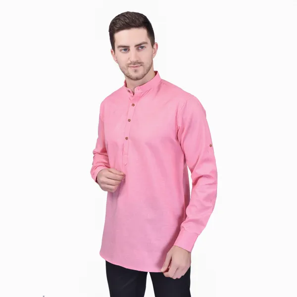 Men's_Pink_Long_Sleeve_Casual_Kurta_With_Mandarin_Collar