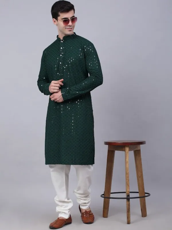 Dark_Green_Sequin_Embellished_Kurta_For_Men