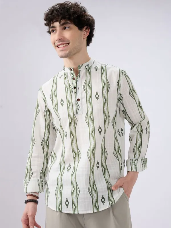 Men's_White_And_Green_Vertical_Striped_Mandarin_Collar_Shirt