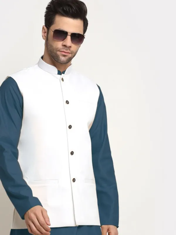 Men's_White_Nehru_Jacket_With_Teal_Blue_Kurta_Pajama_Set