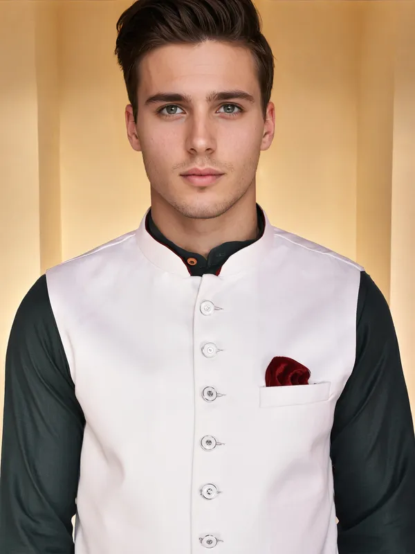 Men's_White_Nehru_Jacket_With_Dark_Green_Kurta_Pajama_Set