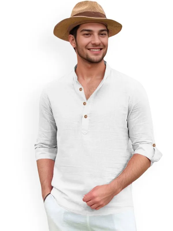 Men's_White_Linen_Kurta_With_Mandarin_Collar_And_Button_Details