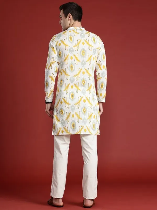 Men's_White_Ethnic_Kurta_With_Yellow_Floral_Ikat_Print