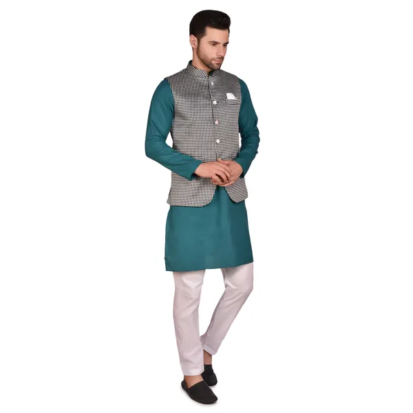 Men's_Teal_Kurta_Pajama_With_Checkered_Nehru_Jacket_Set