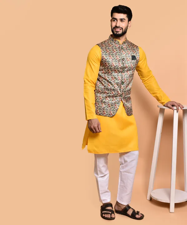 Yellow_Kurta_With_Floral_Printed_Nehru_Jacket_Set_For_Men
