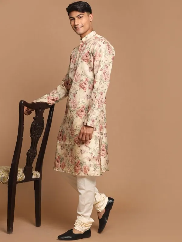 Floral_Print_Men's_Kurta_-_Cream_With_Pink_Rose_Pattern