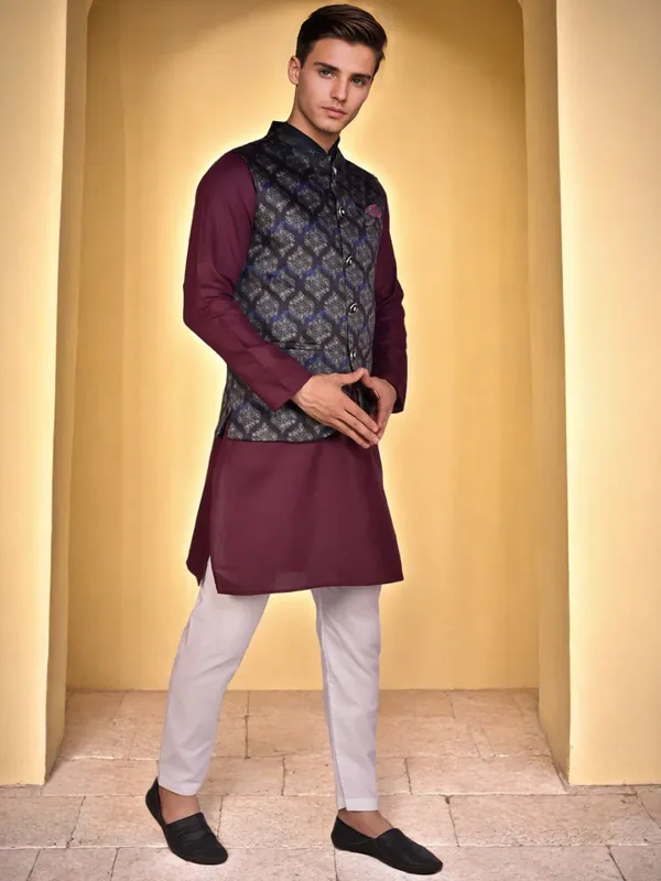Men's_Maroon_Kurta_With_Printed_Nehru_Jacket_And_White_Churidar_Set