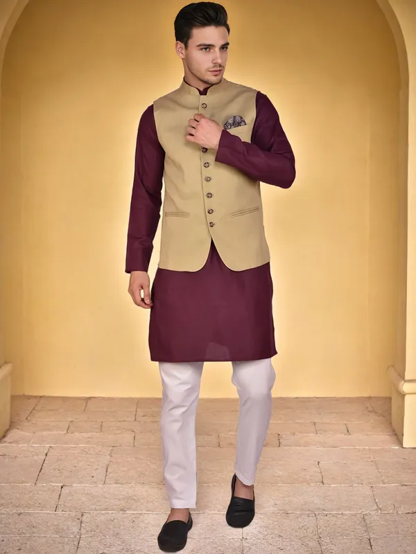 Beige_Nehru_Jacket_With_Maroon_Kurta_Pajama_Set_For_Men