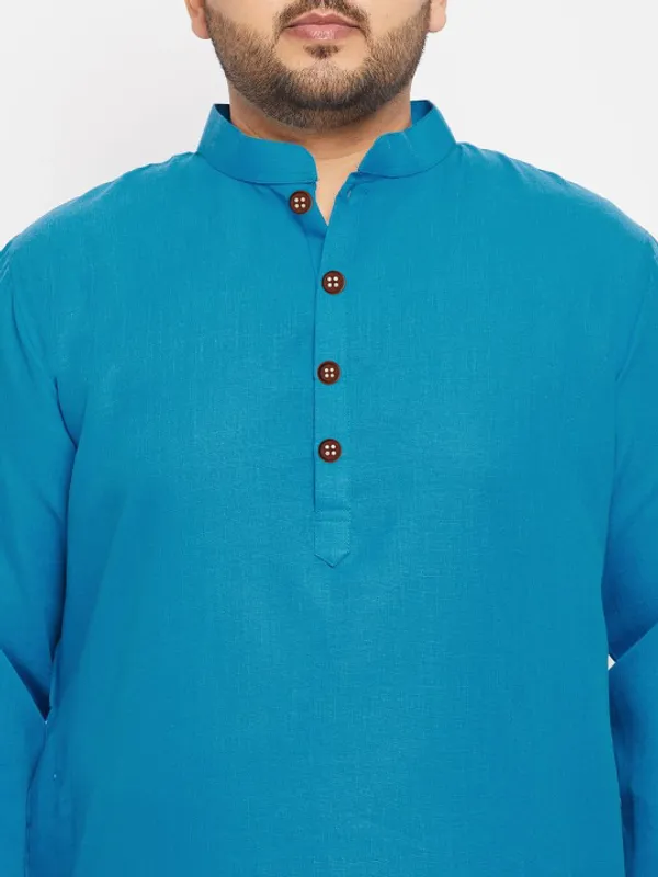 Men's_Turquoise_Blue_Cotton_Kurta_With_Mandarin_Collar_And_Wooden_Buttons