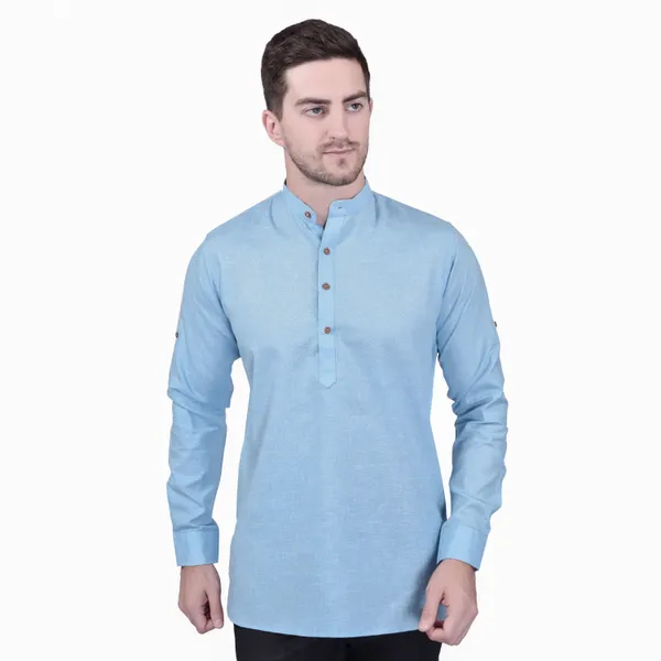 Men's_Light_Blue_Cotton_Kurta_With_Mandarin_Collar