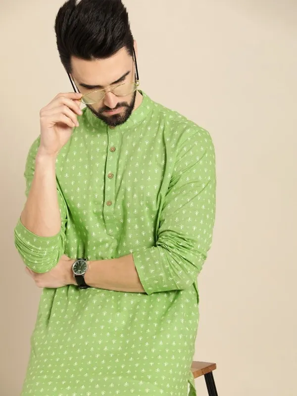 Men's_Green_Printed_Cotton_Kurta