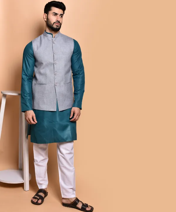 Grey_Linen_Nehru_Jacket_With_Teal_Kurta_Set_For_Men