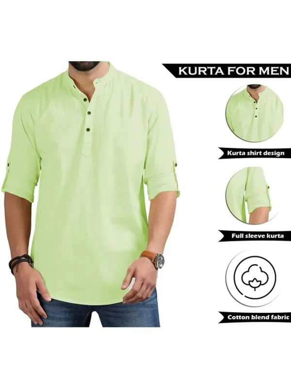 Men'S_Light_Green_Cotton_Short_Kurta_With_Mandarin_Collar