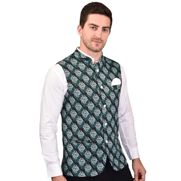 Men's_Green_Printed_Nehru_Jacket_With_White_Pocket_Square