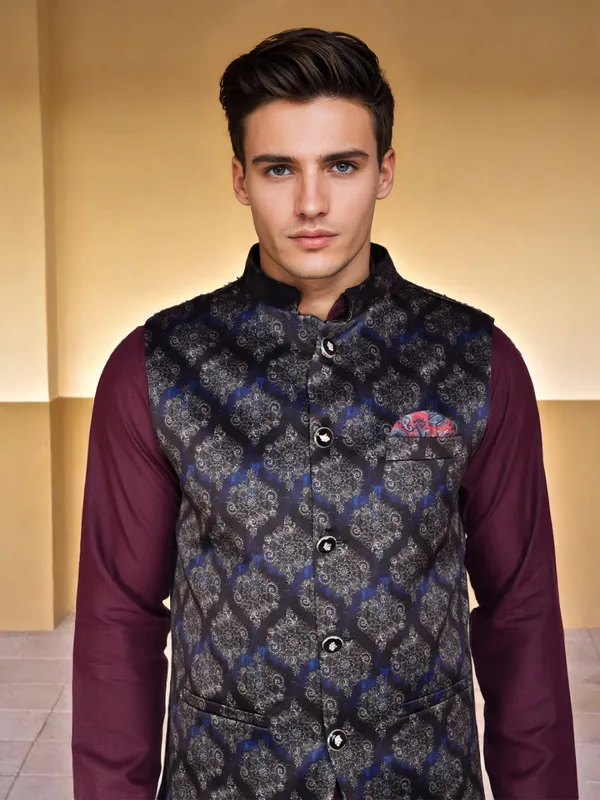 Men's_Maroon_Kurta_With_Printed_Nehru_Jacket_And_White_Churidar_Set