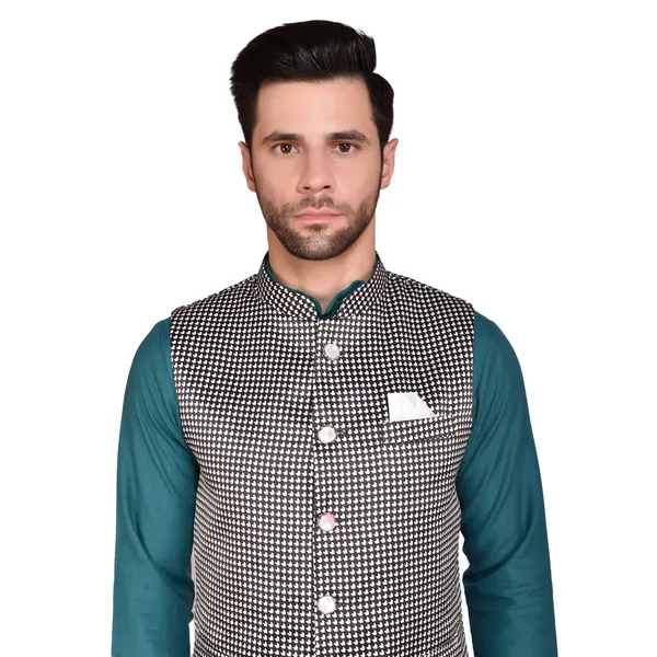 Men's_Teal_Kurta_Pajama_With_Checkered_Nehru_Jacket_Set