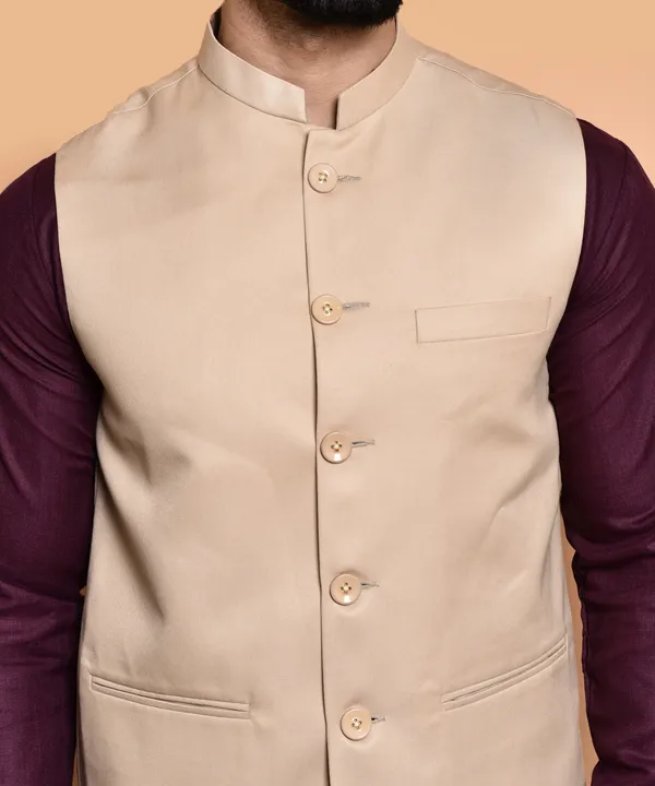 Men's_Ethnic_Nehru_Jacket_Set_-_Beige_Waistcoat_With_Maroon_Kurta_And_White_Pajama