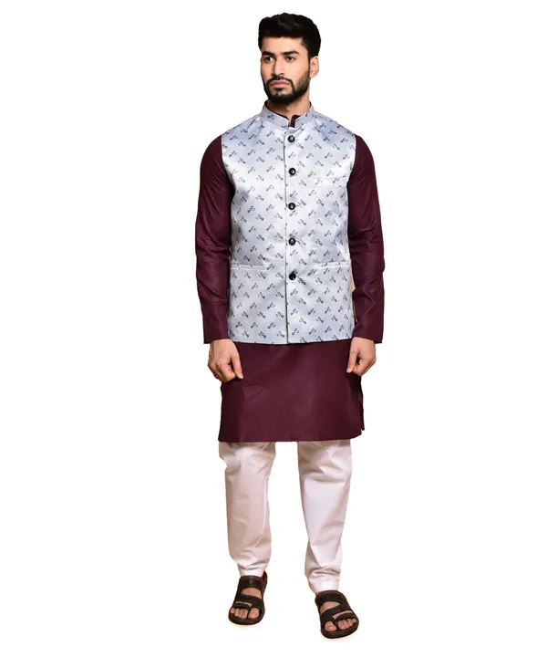 Men's_Ethnic_Kurta_Pajama_Set_With_Printed_Nehru_Jacket_-_Maroon_&_White