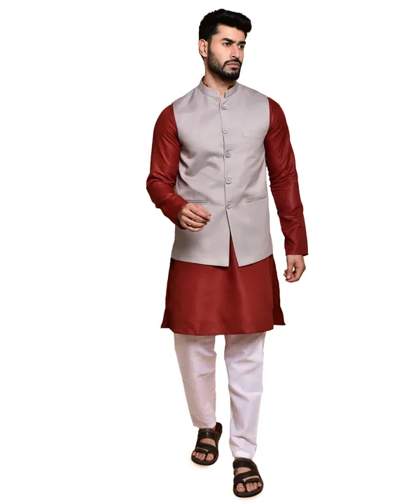 Men's_Ethnic_Nehru_Jacket_Set_-_Grey_&_Maroon_Kurta_With_White_Churidar