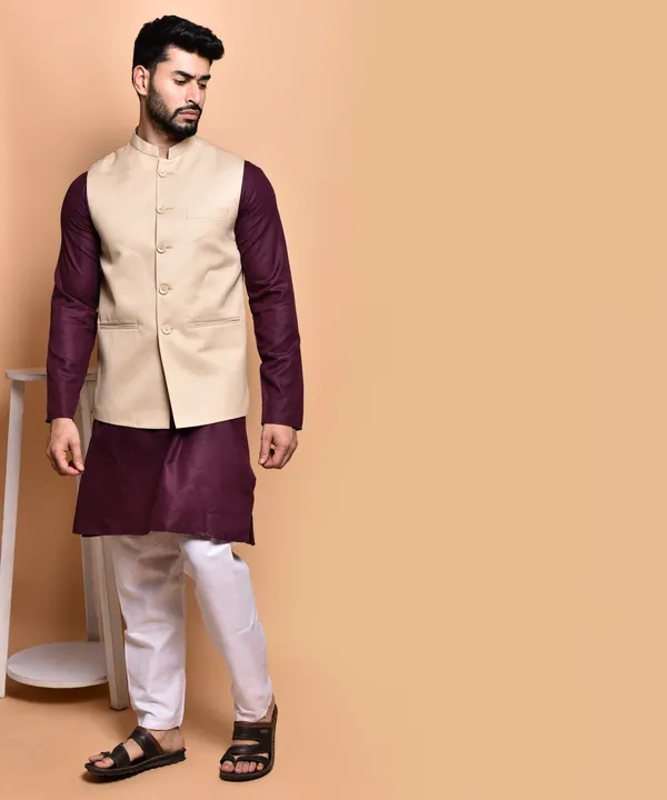 Men's_Ethnic_Nehru_Jacket_Set_-_Beige_Waistcoat_With_Maroon_Kurta_And_White_Pajama
