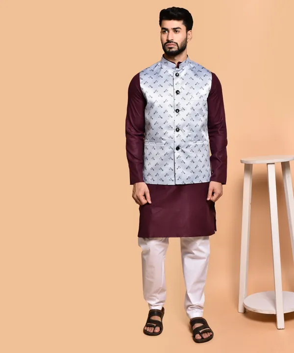 Men's_Ethnic_Kurta_Pajama_Set_With_Printed_Nehru_Jacket_-_Maroon_&_White