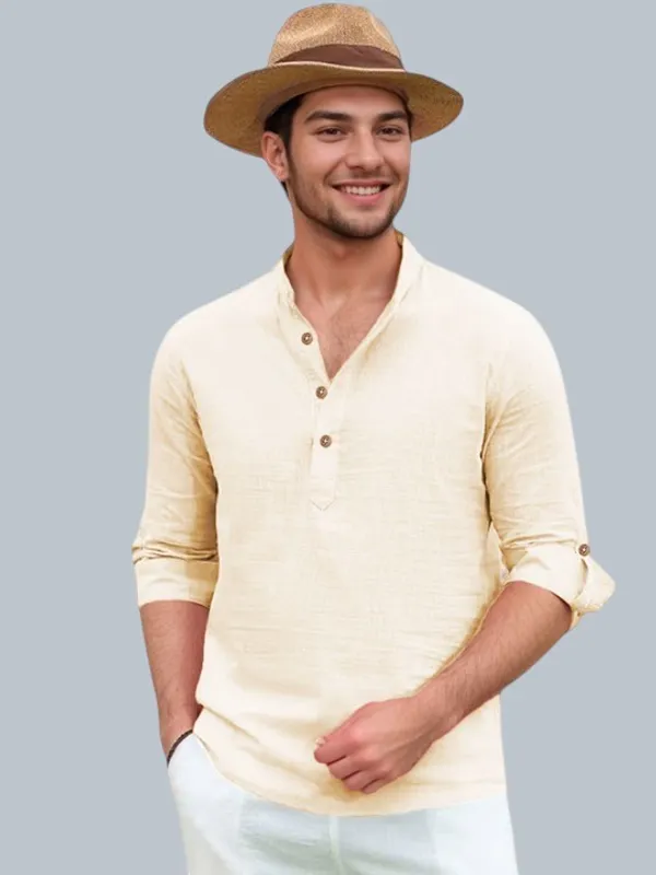 Men's_Beige_Linen_Blend_Long_Sleeve_Casual_Shirt_With_Mandarin_Collar