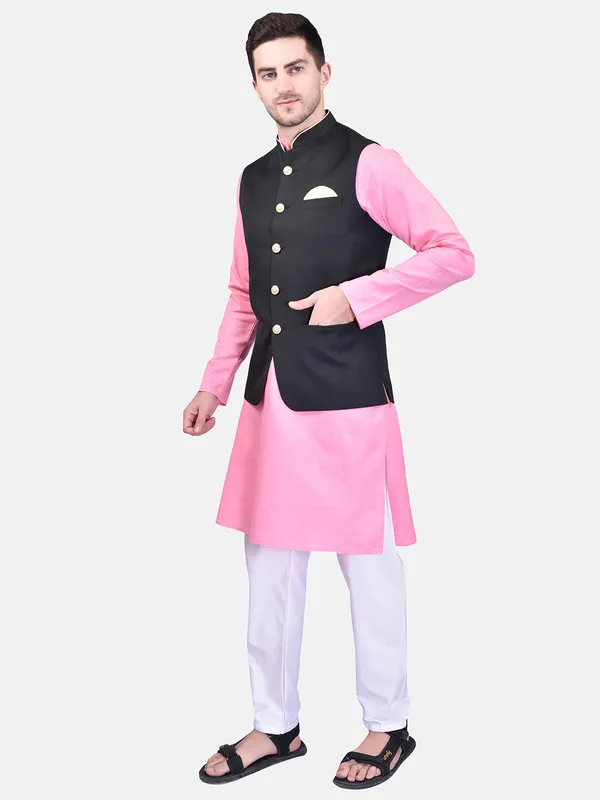Pink_Kurta_With_Black_Nehru_Jacket_And_White_Churidar_Set_For_Men