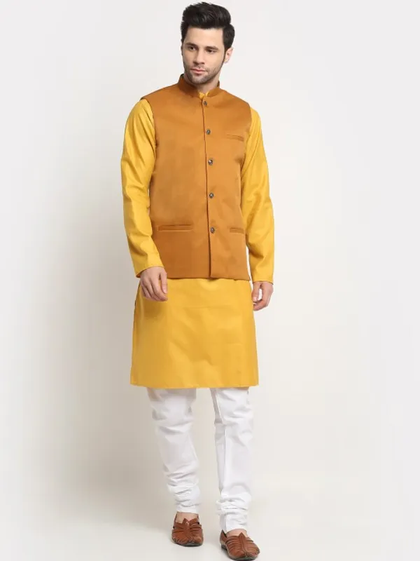 Men's_Mustard_Yellow_Kurta_With_Rust_Orange_Nehru_Jacket_And_White_Churidar_Set