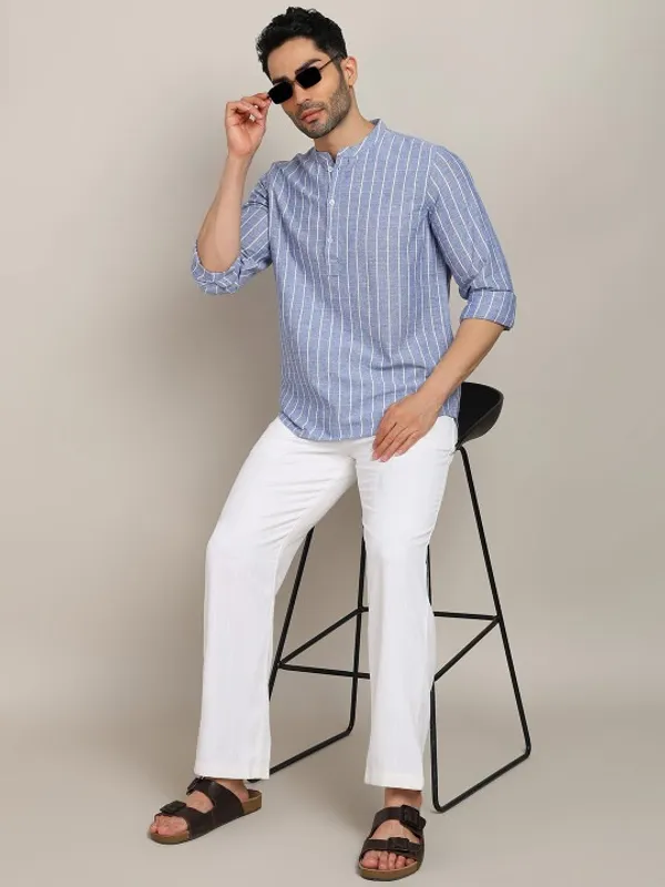 Men's_Blue_And_White_Vertical_Striped_Mandarin_Collar_Shirt