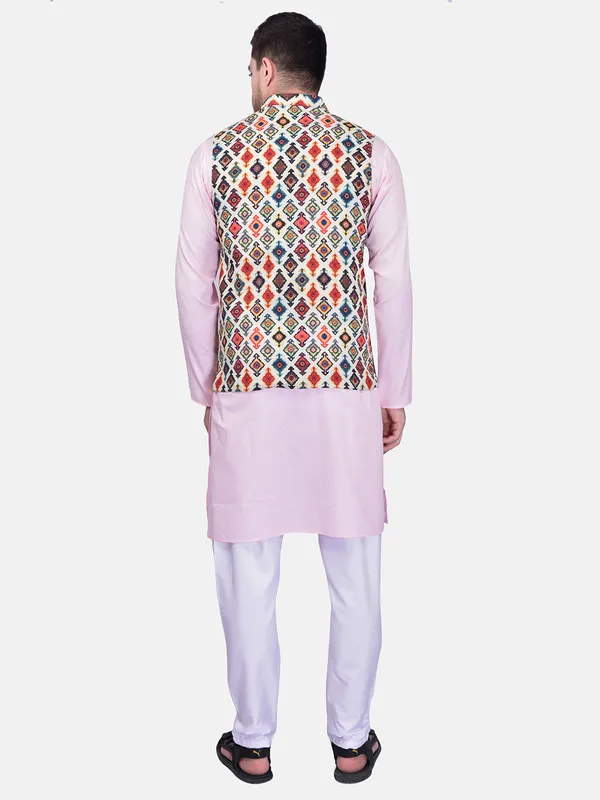Men's_Ethnic_Kurta_Pajama_Set_With_Printed_Nehru_Jacket_-_Light_Pink_With_Multicolor_Geometric_Print