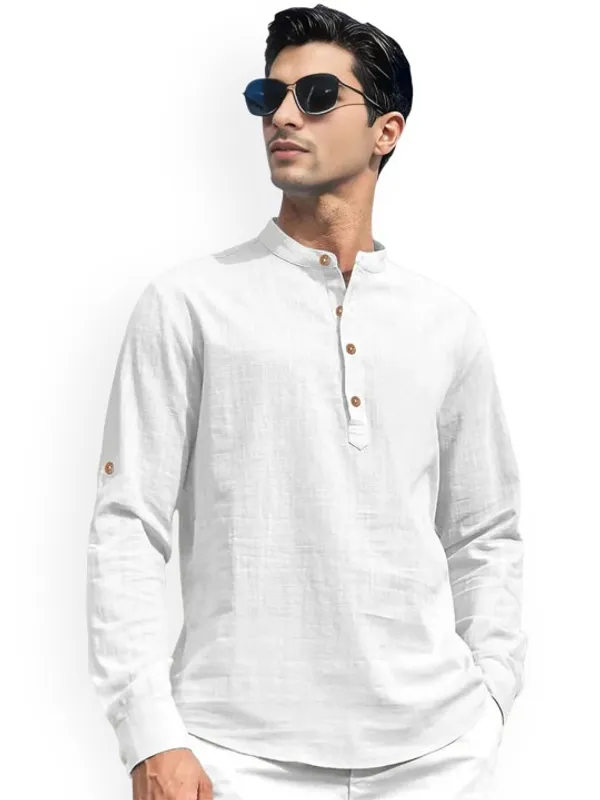 Men's_White_Linen_Kurta_With_Mandarin_Collar_And_Button_Details