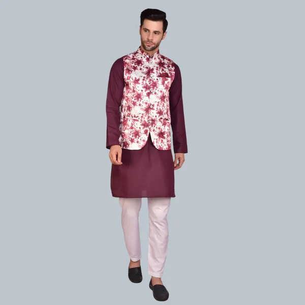 Men's_Maroon_Kurta_With_Floral_Printed_Nehru_Jacket_And_White_Churidar_Set