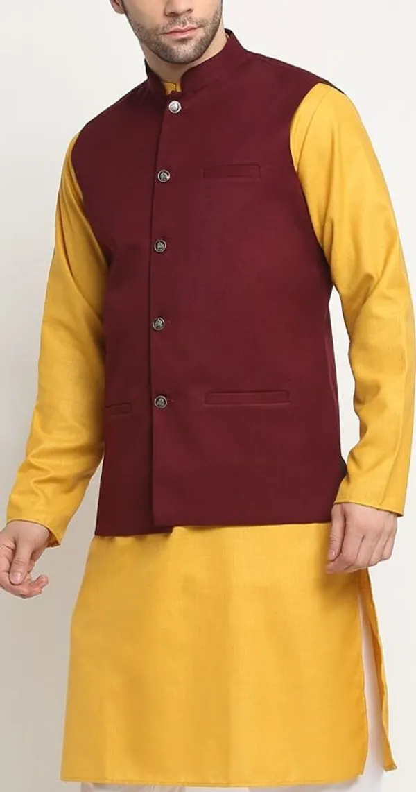 Men's_Ethnic_Kurta_Pajama_With_Nehru_Jacket_Set_-_Mustard_Yellow_And_Maroon