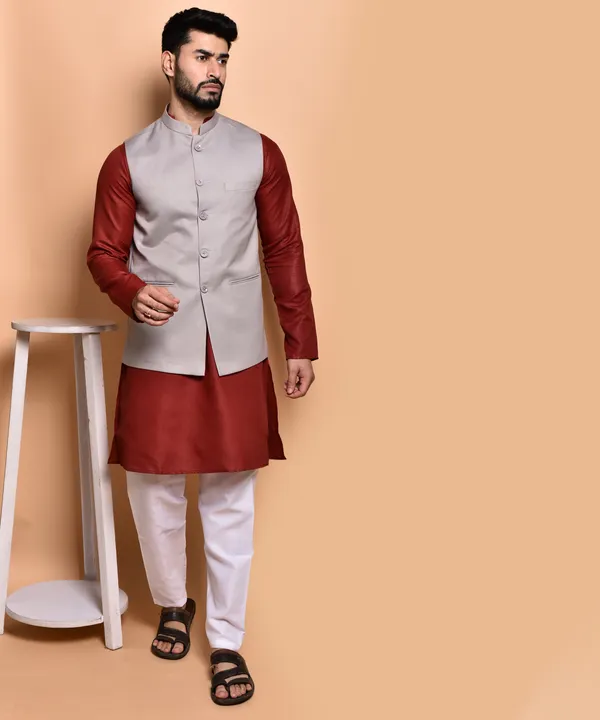 Men's_Ethnic_Nehru_Jacket_Set_-_Grey_&_Maroon_Kurta_With_White_Churidar