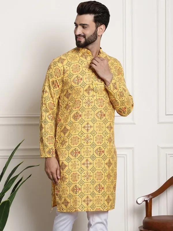 Men's_Yellow_Printed_Cotton_Kurta