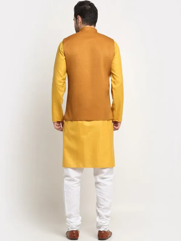 Men's_Mustard_Yellow_Kurta_With_Rust_Orange_Nehru_Jacket_And_White_Churidar_Set