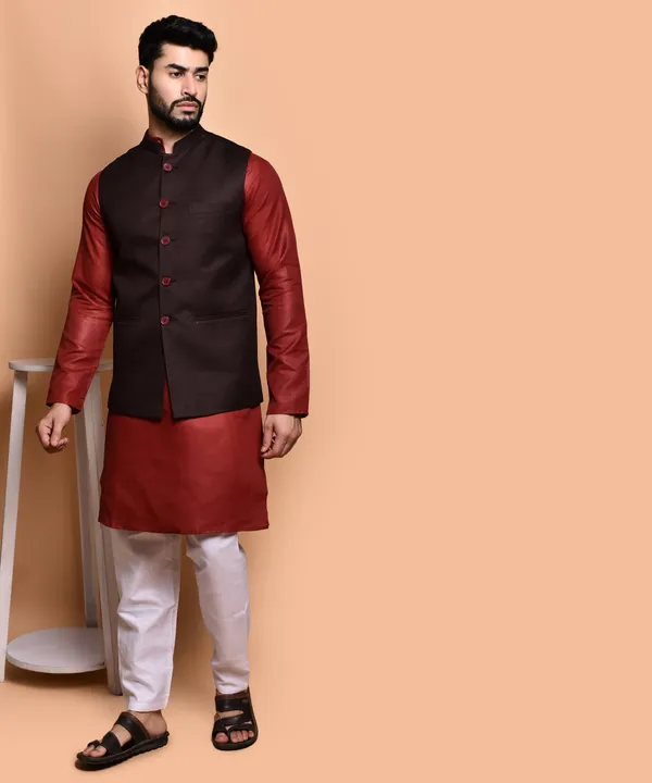 Men's_Ethnic_Nehru_Jacket_Set_-_Maroon_Kurta_With_Black_Waistcoat