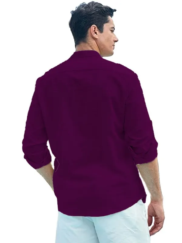 Men's_Maroon_Long_Sleeve_Cotton_Shirt_With_Mandarin_Collar