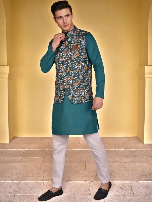 Teal_Kurta_Pajama_With_Floral_Print_Nehru_Jacket_Set_For_Men