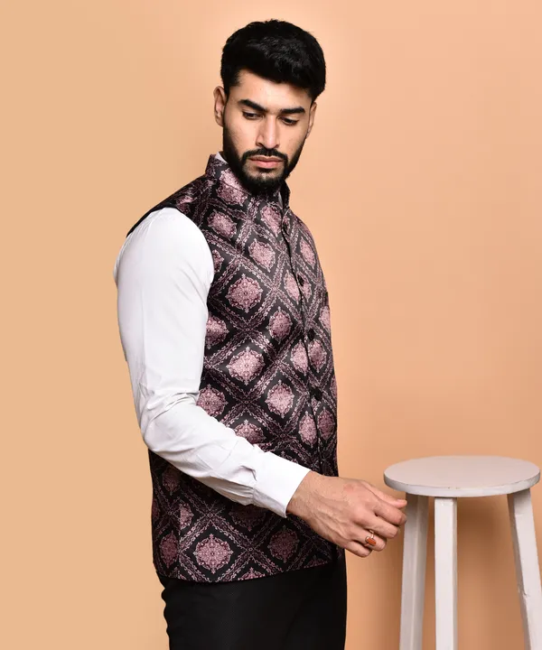 Men's_Ethnic_Nehru_Jacket_With_Printed_Geometric_Design_-_Pink_And_Black