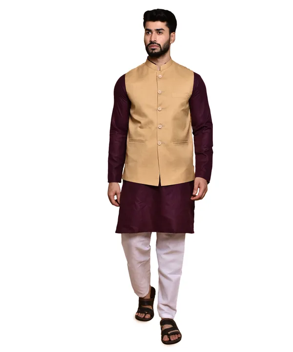 Men's_Ethnic_Kurta_Set_With_Nehru_Jacket_-_Maroon_And_Beige