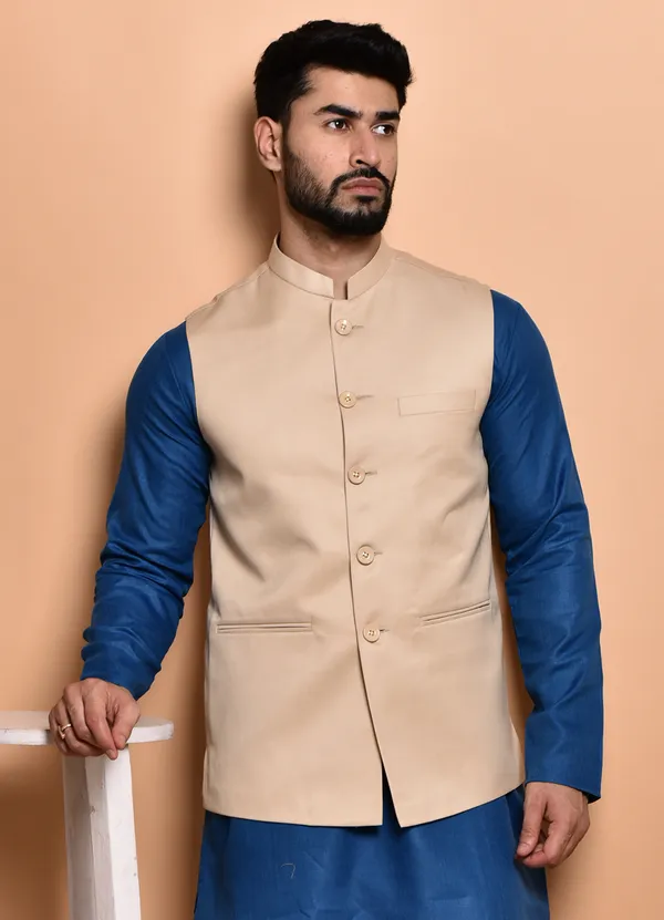 Men's_Blue_Kurta_Pajama_With_Beige_Nehru_Jacket_Set_-_Traditional_Indian_Ethnic_Wear