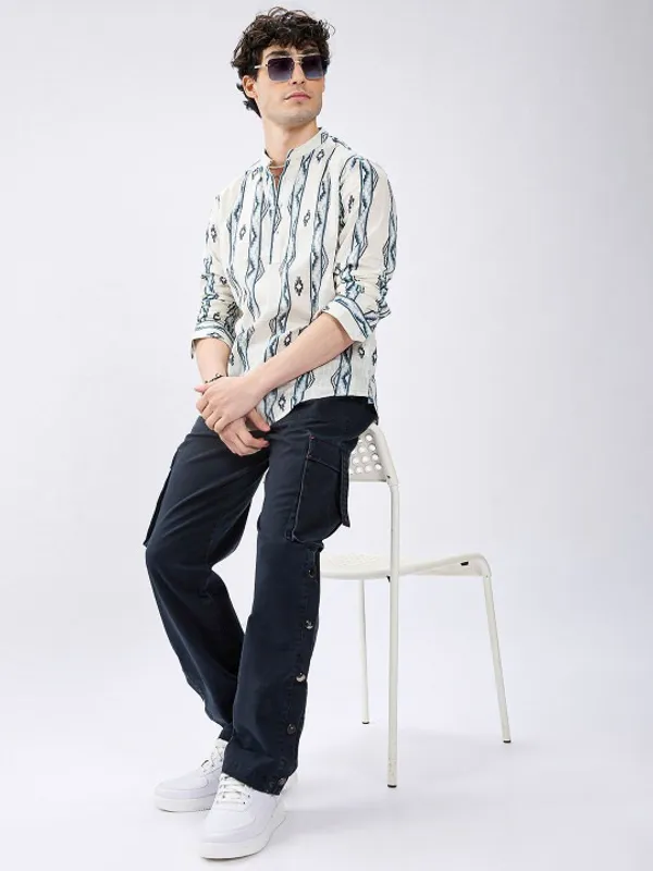 Men's_Ethnic_Print_Long_Sleeve_Casual_Shirt_-_Cream_&_Teal_Geometric_Pattern
